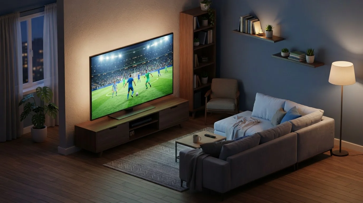 Fernseher mit beleuchtetem Fußballfeld auf dem Bildschirm neben einem Sofa
