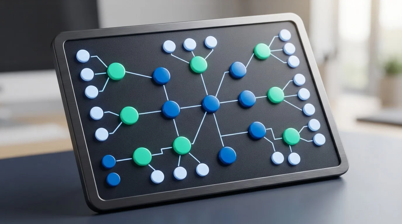 Magnettafel mit farbigen Magneten und Verbindungslinien auf dunkler Fläche