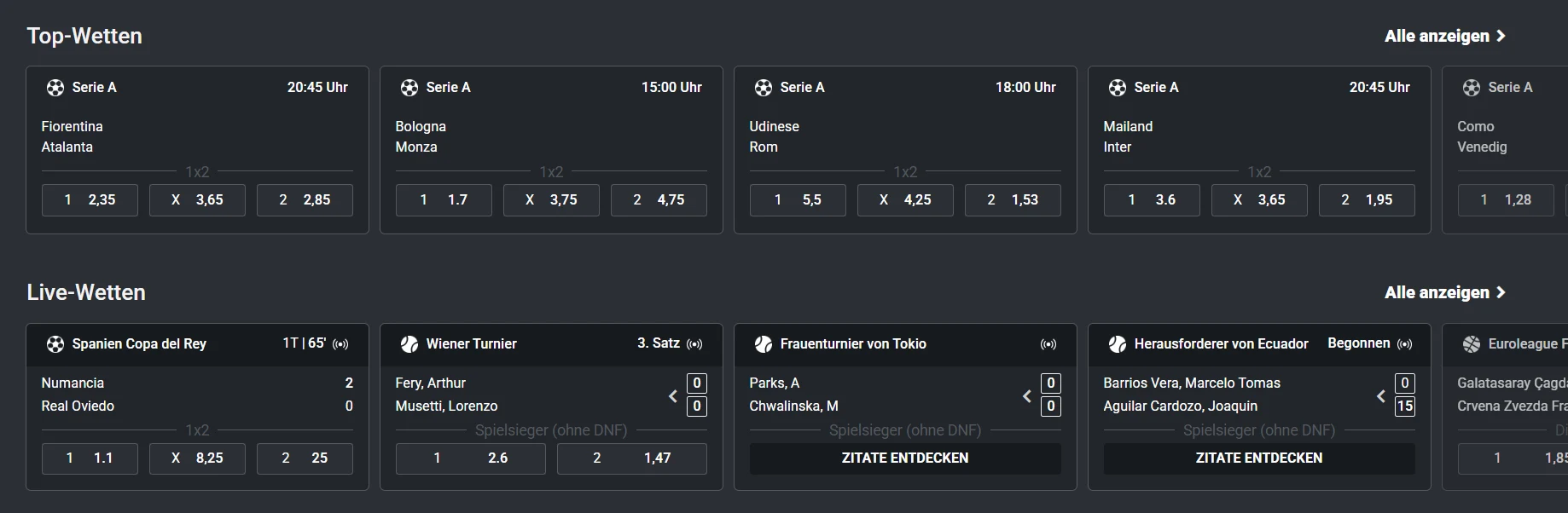 Sportauswahl und Spalten mit Wettmärkten im Sportbereich von Planetwin365