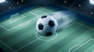 Fliegender Fußball mit Bewegungsunschärfe über einem beleuchteten Fußballplatz