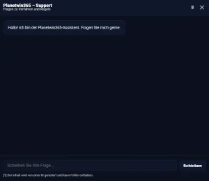 Hilfebereich von Planetwin365 mit Bezeichnungen für Telefon, E-Mail und Chat