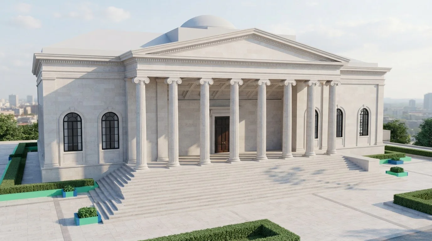 Steinerne Säulen vor der hellen Fassade eines Gebäudes