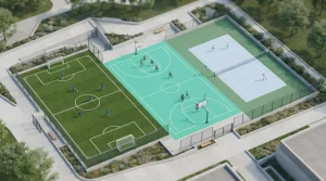 Fußballplatz, Basketballfeld und Tennisplatz nebeneinander aus der Vogelperspektive